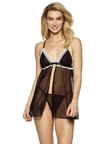 Pamela Fly-Away Babydoll and G-String - Black/White -