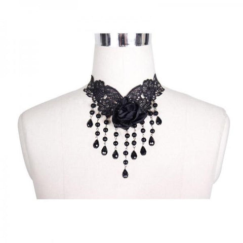 Black Rose & Pearls Gothic Choker - One Size