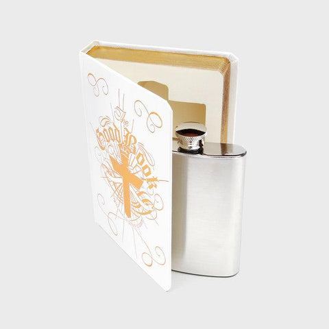 White "Good Book" Flask in a Book