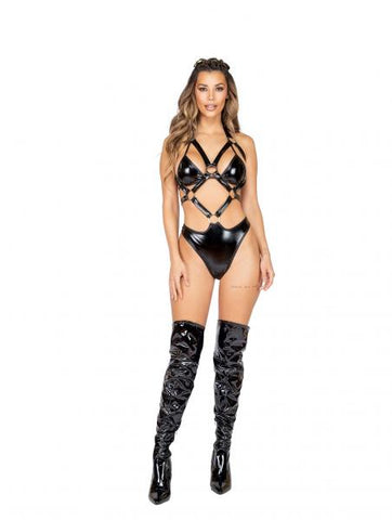 Latex Holster Romper with Ring Detail - Black -