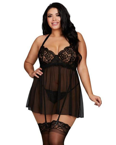 Venice Embroidery Lace Garter Babydoll & Thong - Black - Size