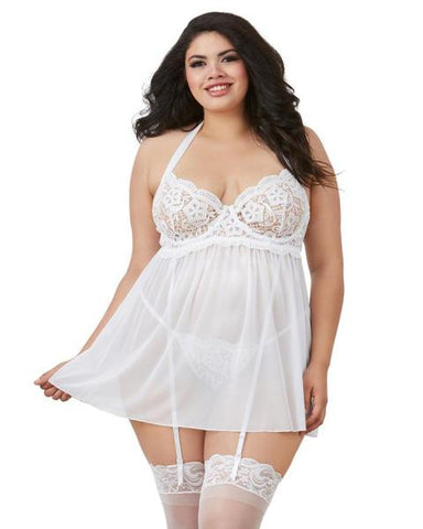 Venice Embroidery Lace Garter Babydoll & Thong - White - Size
