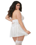 Venice Embroidery Lace Garter Babydoll & Thong - White - Size