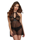 High Neck Flyaway Front Babydoll & Thong - Black -