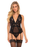 Floral Lace Mesh Merry Widow and Panty - Black -