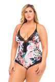 Floral Lace Mesh Merry Widow and Panty - Black -