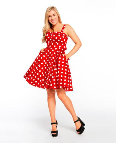 Fold-over Fit & Flare Dot Dress with Padded Bust - Red -