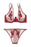 Applique Bra and Panty Set - Merlot/Nude -