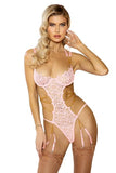 Embroidered Gartered Floral Teddy with Chain Detail - Pink -