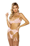 Three Piece Embroidered Floral Bra, Garter and Panty Set - Pink -