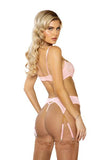 Three Piece Embroidered Floral Bra, Garter and Panty Set - Pink -
