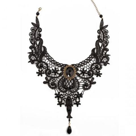 Victorian Lace Choker with Pendant - Black