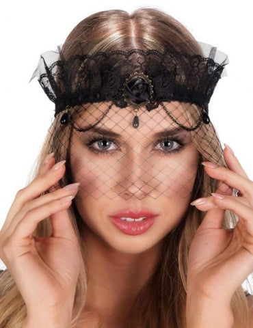 Lolita Princess Lace Mask with Crown - Black