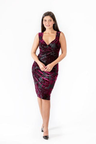 Burnout Velvet Fully Lined Pencil Dress - Burgundy -