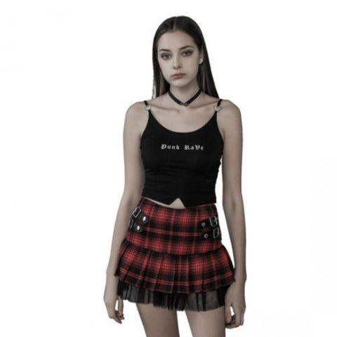 Plaid Pleated Half Skirt - Red/Black -