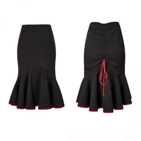 Drawstring Fishtail Military Uniform Skirt - Black/Red -