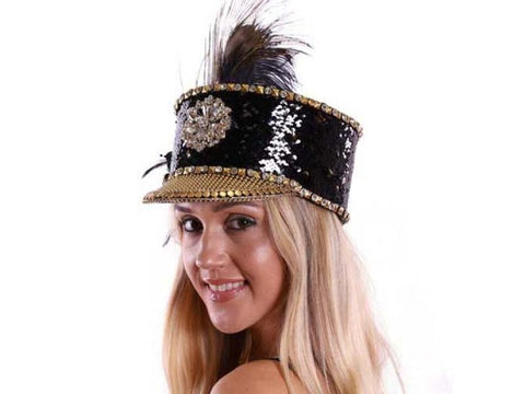 Burning Sequin Hat with Feather - Black/Gold