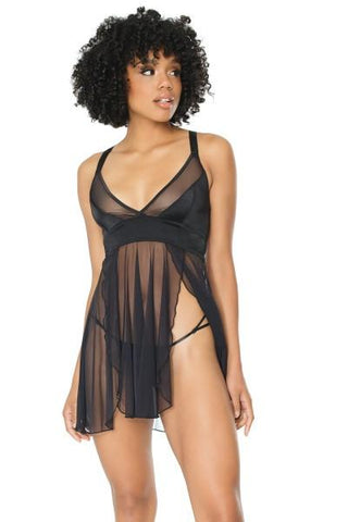 Sheer Cage Back Babydoll and G-String - Black -