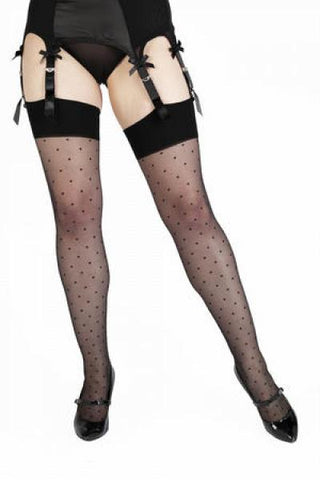 Dotty Seamed Stockings with Bow - Black -