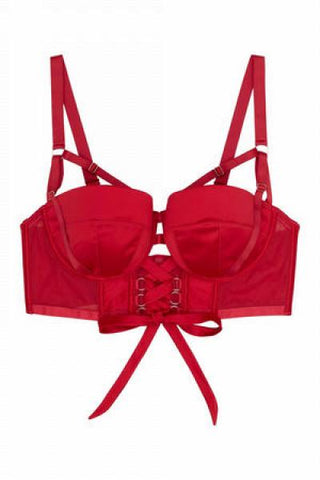 Aysha Lace Up Balcony Bra - Red -
