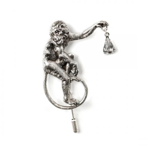 Monkey with Crytstal Pin - Silver