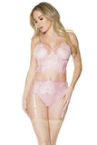 Eyelash Lace Bra, Garter Belt and Panty Set - Pink -