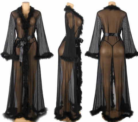 Long Sheer Marabou Robe - Black -