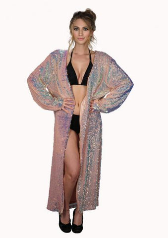 Long Sequin Duster - Iridescent Pink - One Size