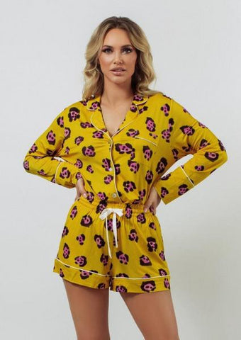 Bamboo Long Top & Short PJ Set - Watercolor Jaguar Spot -