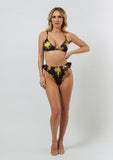 Lioness Print Satin Triangle Bralette - Black -