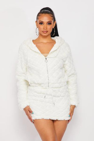 Quilted Hoodie and Skirt Set - Ivory -