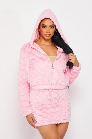 Quilted Hoodie and Skirt Set - Pink -
