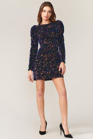 Gayle Velvet Sequins Puff Mini Dress - Multi -