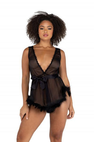 Low Cut Mesh Babydoll with Faux Fur Trim & Satin Tie - Black -