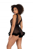 Low Cut Mesh Babydoll with Faux Fur Trim & Satin Tie - Black -