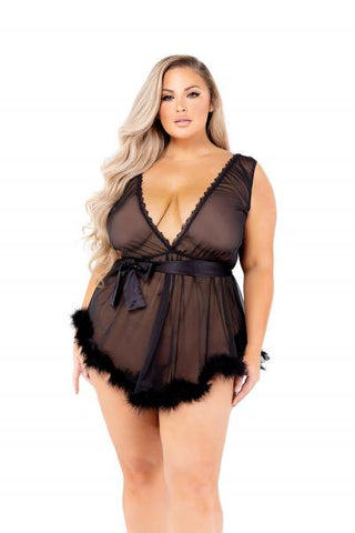 Low Cut Mesh Babydoll with Faux Fur Trim & Satin Tie - Black -