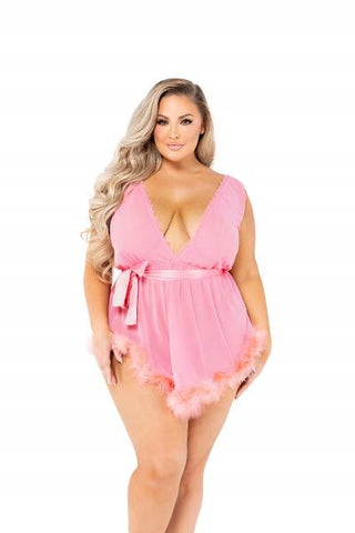 Low Cut Mesh Babydoll with Faux Fur Trim & Satin Tie - Pink -