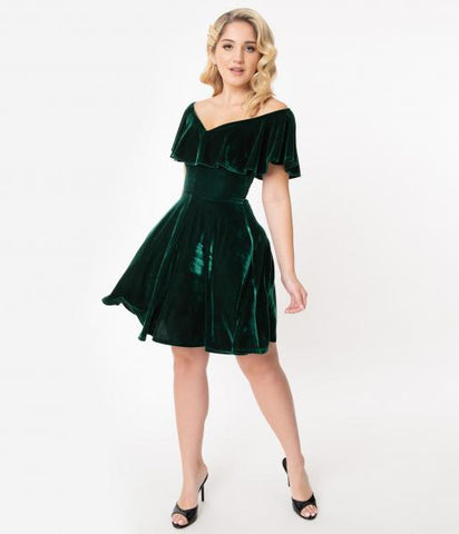 Vintage Velvet Gidget Fit & Flare Dress - Emerald -