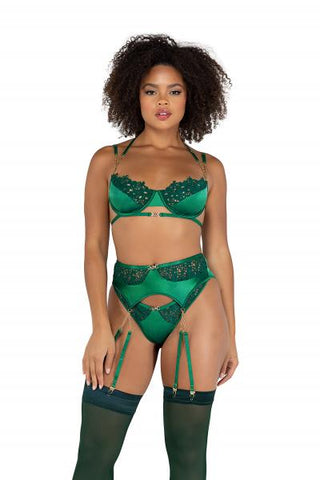 3 Piece Embroidery Lace and Satin Bra Set - Emerald Green/Gold -