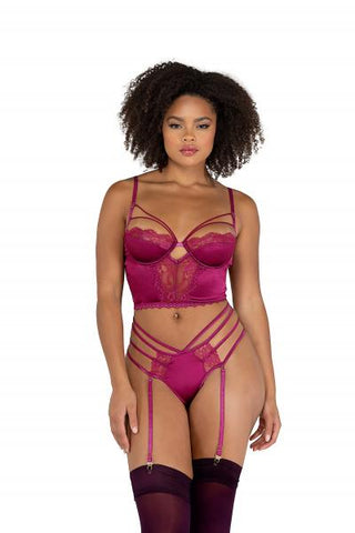Satin Underwire Bralette with Strappy Panty Set - Red Fuchsia -