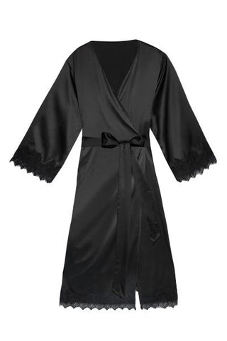 Enyo Applique Lace and Satin Robe - Black -