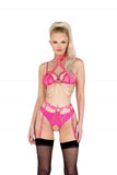 Two Piece Vinyl & Chain Crotchless Bra Set - Pink -