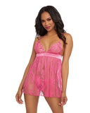 Sheer Lace Babydoll & G-String Set with Velvet Accents - Fuchsia -