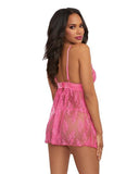 Sheer Lace Babydoll & G-String Set with Velvet Accents - Fuchsia -