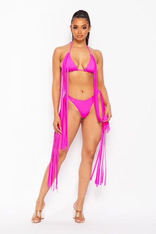 Fringe Bikini Set - Hot Pink -
