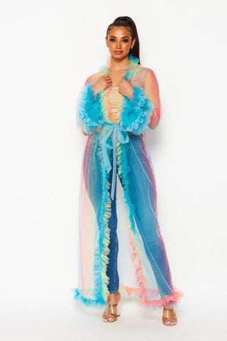 Courtney Tulle Mesh Long Sleeve Duster - Coral/Multi -