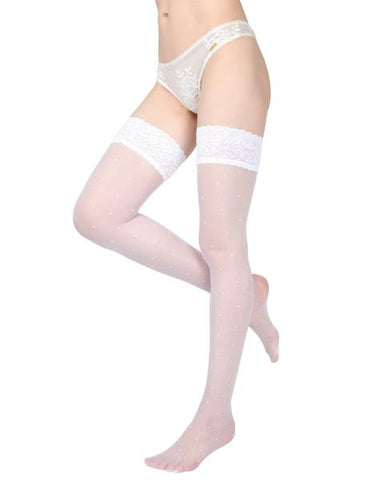 Seduction Sheer Allover Dot Lace Top Thigh High - Bianco -
