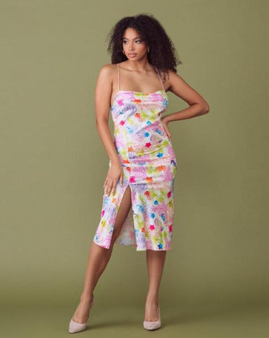 Sea Life Satin Midi Cowl Slit Slip -