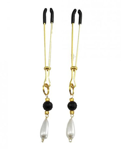Bijoux Tweezer Nipple Clamp Black & Gold Beads & Pearl - Gold