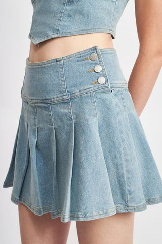 Denim Pleated Button Side Skirt -